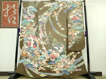 平和屋本店●極上　十日町　加賀草木友禅の第一人者　田村哲彦　振袖　鬘帯飛鶴花鳥松文　暈し染め　逸品　DZAC0270kh6