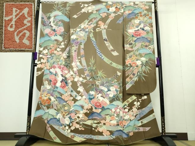 平和屋本店●極上　十日町　加賀草木友禅の第一人者　田村哲彦　振袖　鬘帯飛鶴花鳥松文　暈し染め　逸品　DZAC0270kh6