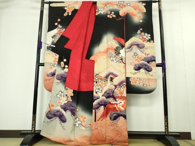 平和屋本店●極上　アンティーク　大正ロマン　振袖　駒刺繍　手刺繍　立波飛鶴松文　暈し染め　黒地　金糸　逸品　DZAC0271kh6