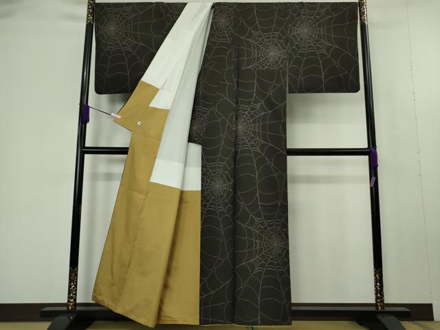 平和屋本店●極上　本場大島紬　9マルキ　カタス式　蜘蛛の巣　黒紅色地　逸品　DZAC0278kh6
