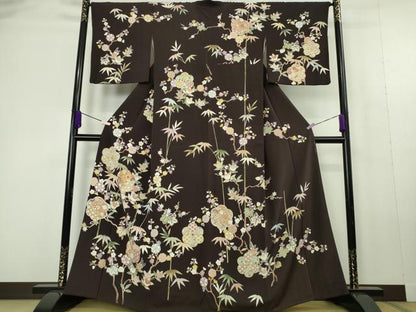 平和屋本店●極上　訪問着　駒刺繍　吉祥花文　黒紅色地　鬼しぼ縮緬　逸品　DZAC0287kh6