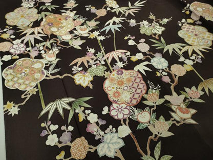 平和屋本店●極上　訪問着　駒刺繍　吉祥花文　黒紅色地　鬼しぼ縮緬　逸品　DZAC0287kh6