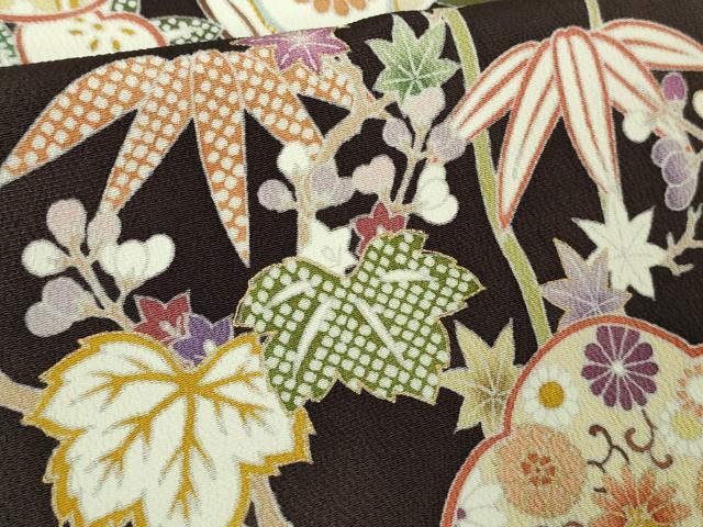 平和屋本店●極上　訪問着　駒刺繍　吉祥花文　黒紅色地　鬼しぼ縮緬　逸品　DZAC0287kh6