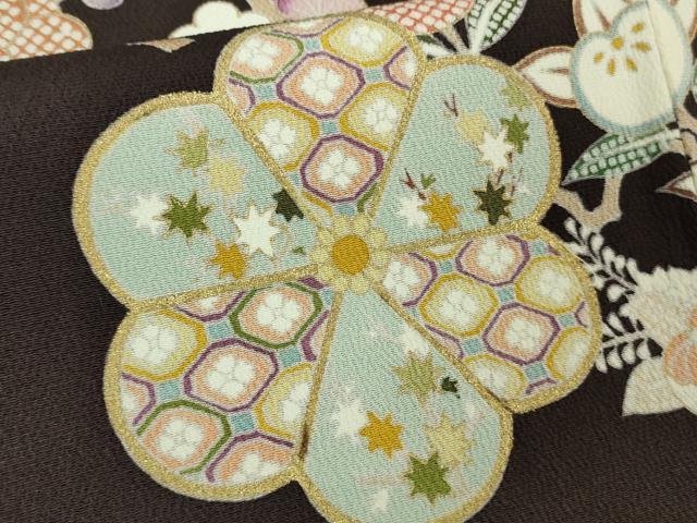 平和屋本店●極上　訪問着　駒刺繍　吉祥花文　黒紅色地　鬼しぼ縮緬　逸品　DZAC0287kh6
