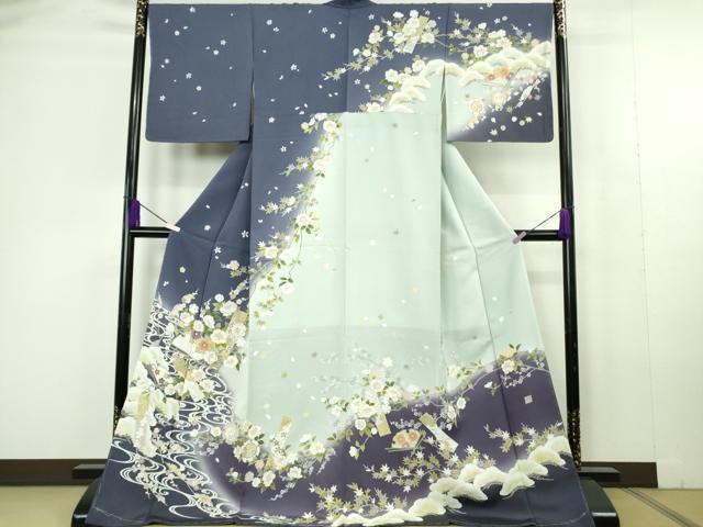 平和屋本店●極上　訪問着　作家物　駒刺繍　流水花松文　暈し染め　金彩　反端付き　逸品　未使用　DZAC0288kh6