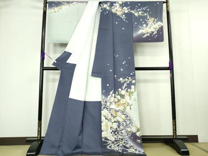 平和屋本店●極上　訪問着　作家物　駒刺繍　流水花松文　暈し染め　金彩　反端付き　逸品　未使用　DZAC0288kh6