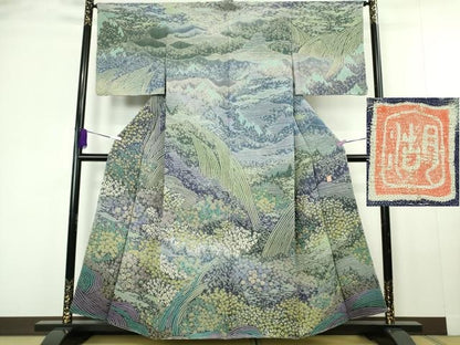 平和屋本店●極上　十日町 名門 滝泰謹製 相良刺繍 おぼろ染 襲ね絞り　訪問着　風景花文　暈し染め　金通し地　逸品　未使用　DZAC0305kh6