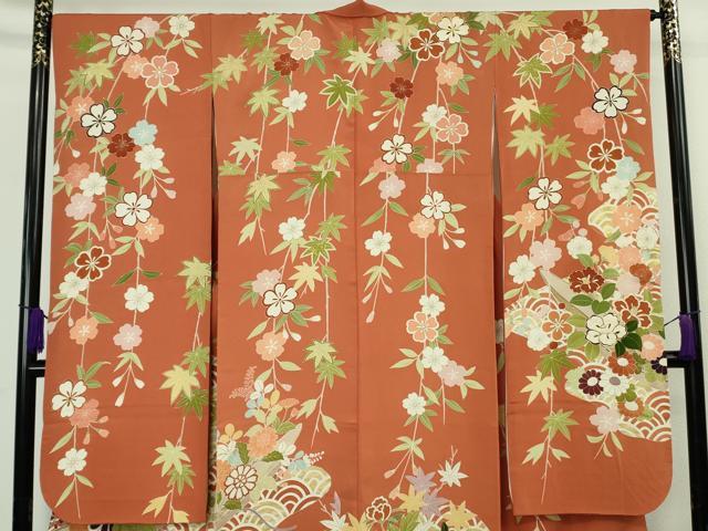 平和屋本店●極上　創業460年・千總　振袖　駒刺繍　枝垂れ花　青海波　花舟　雀茶色地　金彩　逸品　DZAC0307kh6