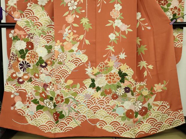 平和屋本店●極上　創業460年・千總　振袖　駒刺繍　枝垂れ花　青海波　花舟　雀茶色地　金彩　逸品　DZAC0307kh6