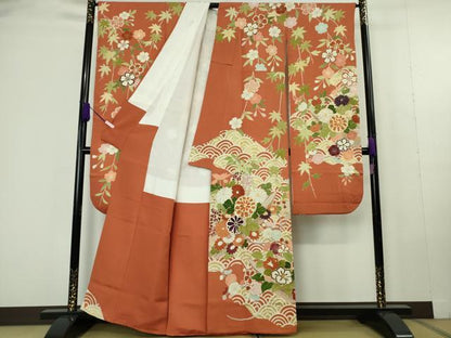 平和屋本店●極上　創業460年・千總　振袖　駒刺繍　枝垂れ花　青海波　花舟　雀茶色地　金彩　逸品　DZAC0307kh6