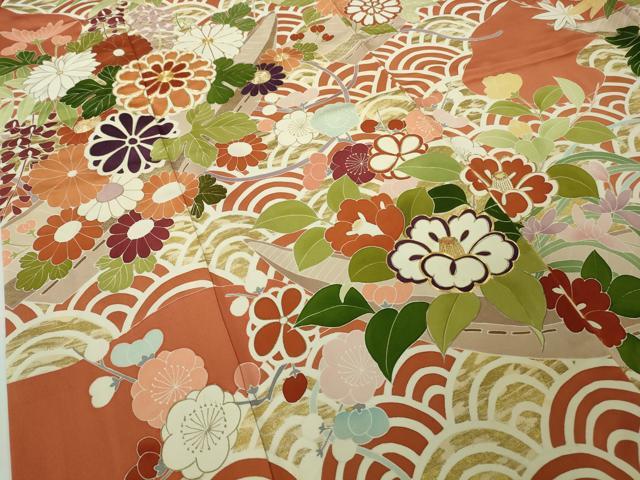 平和屋本店●極上　創業460年・千總　振袖　駒刺繍　枝垂れ花　青海波　花舟　雀茶色地　金彩　逸品　DZAC0307kh6