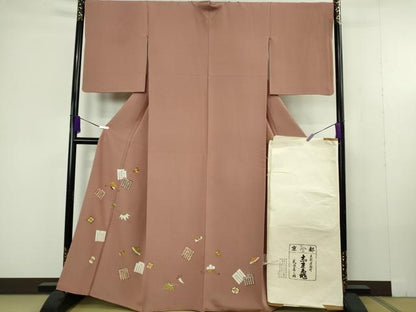 平和屋本店●極上　銀座　志ま亀　訪問着　宝尽くし　赭色　縮緬地　たとう紙付き　逸品　DZAC0328kh6