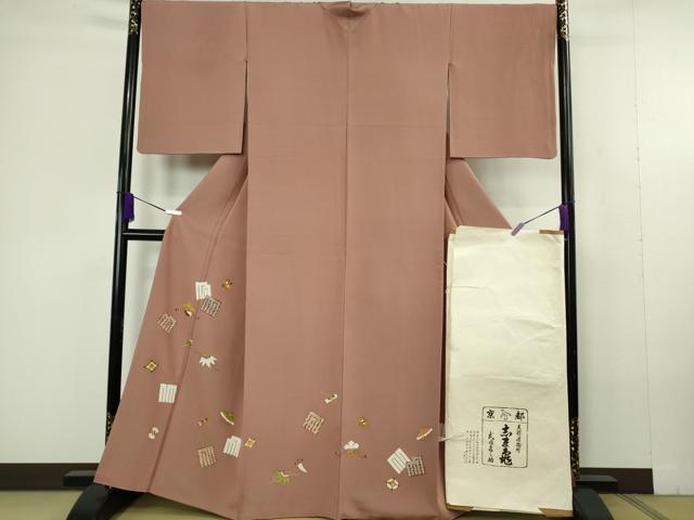 平和屋本店●極上　銀座　志ま亀　訪問着　宝尽くし　赭色　縮緬地　たとう紙付き　逸品　DZAC0328kh6