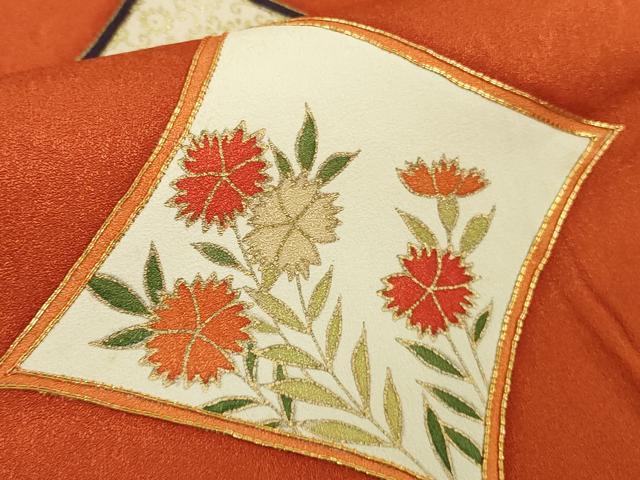 平和屋本店●極上　銀座　志ま亀　訪問着　駒刺繍　草花菱文　丹色地　金彩　たとう紙付き　逸品　DZAC0329kh6
