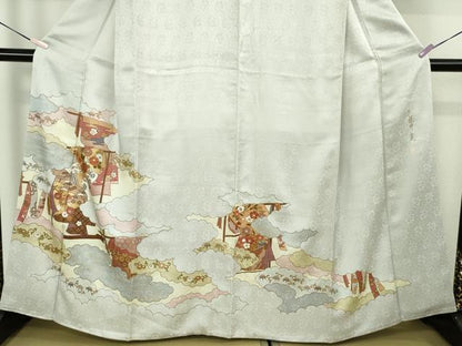 平和屋本店●極上　皇室献上作家　藤井寛　訪問着　駒刺繍　雲取り　誰が袖文　白花色地　金彩　反端付き　逸品　DZAC0334kh6