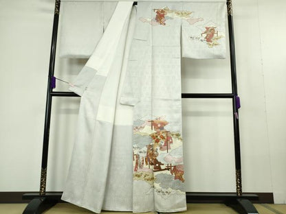 平和屋本店●極上　皇室献上作家　藤井寛　訪問着　駒刺繍　雲取り　誰が袖文　白花色地　金彩　反端付き　逸品　DZAC0334kh6