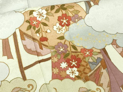 平和屋本店●極上　皇室献上作家　藤井寛　訪問着　駒刺繍　雲取り　誰が袖文　白花色地　金彩　反端付き　逸品　DZAC0334kh6