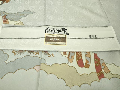 平和屋本店●極上　皇室献上作家　藤井寛　訪問着　駒刺繍　雲取り　誰が袖文　白花色地　金彩　反端付き　逸品　DZAC0334kh6