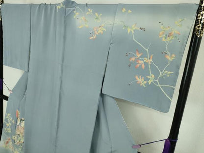 平和屋本店●極上　二代目・由水十久 本加賀友禅 訪問着 童子　青い鳥　南天　ピジョンブルー色地　大丸扱い　反端付き　逸品　DZAC0341kh6