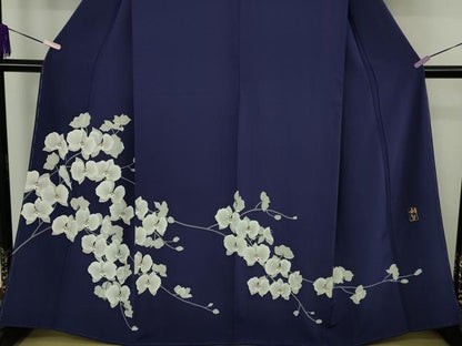 平和屋本店●極上　染色作家　寺島利男　訪問着　胡蝶蘭　鉄紺色地　逸品　未使用　DZAC0344kh6