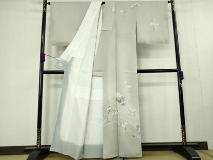 平和屋本店●極上　洗える最高級着物　＜英＞はなぶさ謹製　訪問着　枝花文　暈し染め　薄梅鼠色　逸品　DZAC0345kh6