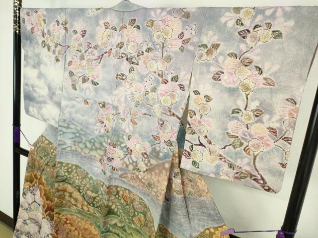 平和屋本店●極上　樋熊哲也　訪問着　辻が花　絞り　手描き　暈し染め　銀通し地　逸品　DZAC0348kh6