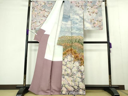 平和屋本店●極上　樋熊哲也　訪問着　辻が花　絞り　手描き　暈し染め　銀通し地　逸品　DZAC0348kh6