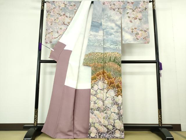 平和屋本店●極上　樋熊哲也　訪問着　辻が花　絞り　手描き　暈し染め　銀通し地　逸品　DZAC0348kh6