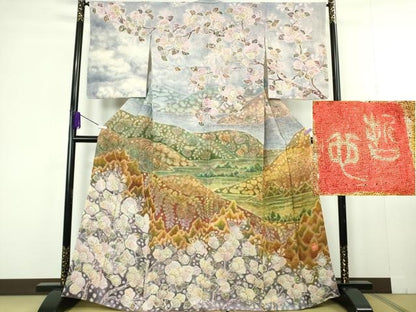 平和屋本店●極上　樋熊哲也　訪問着　辻が花　絞り　手描き　暈し染め　銀通し地　逸品　DZAC0348kh6