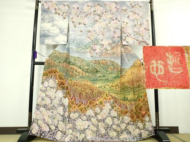 平和屋本店●極上　樋熊哲也　訪問着　辻が花　絞り　手描き　暈し染め　銀通し地　逸品　DZAC0348kh6