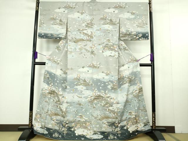 平和屋本店●極上　中国三大刺繍　スワトウ刺繍 汕頭刺繍　相良刺繍　訪問着　友禅　飛鳥風景　暈し染め　金糸　縮緬地　逸品　DZAC0351kh6