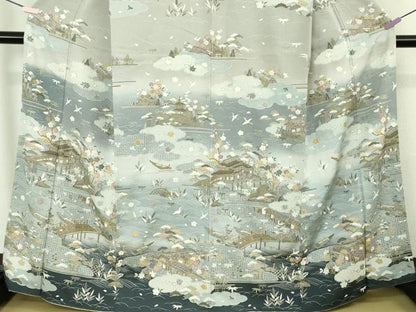 平和屋本店●極上　中国三大刺繍　スワトウ刺繍 汕頭刺繍　相良刺繍　訪問着　友禅　飛鳥風景　暈し染め　金糸　縮緬地　逸品　DZAC0351kh6