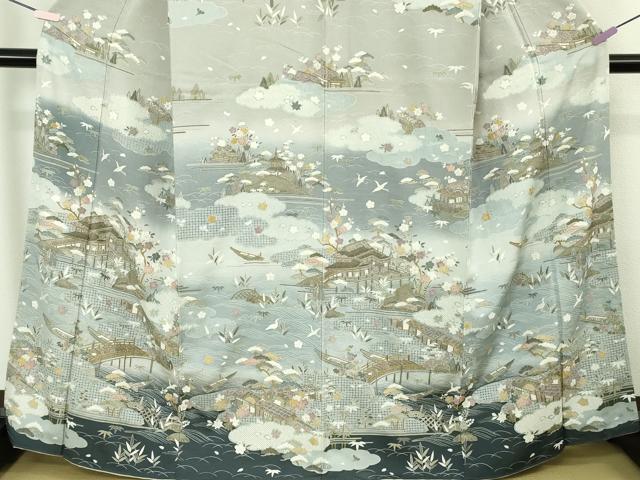 平和屋本店●極上　中国三大刺繍　スワトウ刺繍 汕頭刺繍　相良刺繍　訪問着　友禅　飛鳥風景　暈し染め　金糸　縮緬地　逸品　DZAC0351kh6