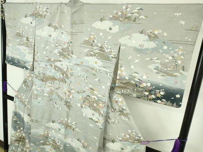 平和屋本店●極上　中国三大刺繍　スワトウ刺繍 汕頭刺繍　相良刺繍　訪問着　友禅　飛鳥風景　暈し染め　金糸　縮緬地　逸品　DZAC0351kh6