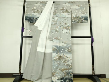 平和屋本店●極上　中国三大刺繍　スワトウ刺繍 汕頭刺繍　相良刺繍　訪問着　友禅　飛鳥風景　暈し染め　金糸　縮緬地　逸品　DZAC0351kh6