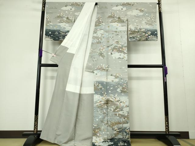 平和屋本店●極上　中国三大刺繍　スワトウ刺繍 汕頭刺繍　相良刺繍　訪問着　友禅　飛鳥風景　暈し染め　金糸　縮緬地　逸品　DZAC0351kh6