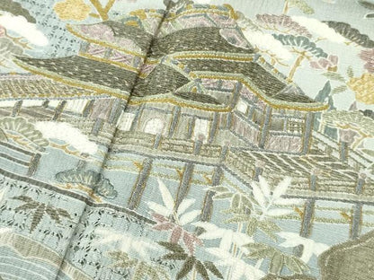 平和屋本店●極上　中国三大刺繍　スワトウ刺繍 汕頭刺繍　相良刺繍　訪問着　友禅　飛鳥風景　暈し染め　金糸　縮緬地　逸品　DZAC0351kh6