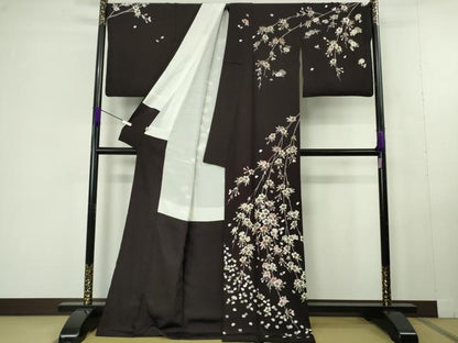 平和屋本店●極上　中国三大刺繍　相良刺繍　総刺繍　訪問着　舞桜　菊　紫黒色地　金糸　ロング丈　逸品　DZAC0353kh6