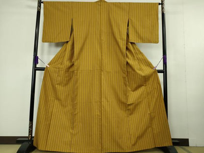 平和屋本店▽極上　山下八百子　本場黄八丈　紬　市松綾織　単衣　縞　逸品　DZAC0368kh6
