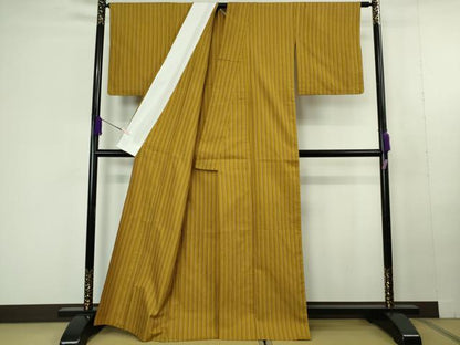 平和屋本店▽極上　山下八百子　本場黄八丈　紬　市松綾織　単衣　縞　逸品　DZAC0368kh6