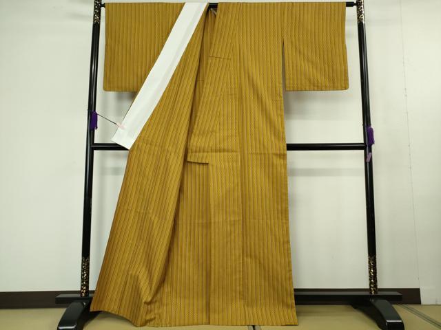 平和屋本店▽極上　山下八百子　本場黄八丈　紬　市松綾織　単衣　縞　逸品　DZAC0368kh6