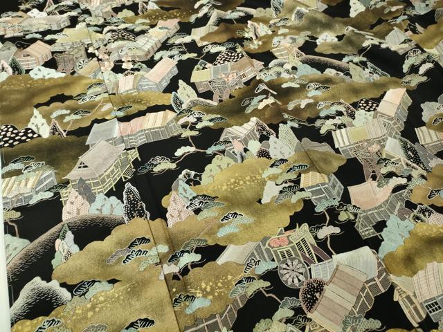 平和屋本店●極上　中国三大刺繍　相良刺繍　蘇州刺繍　訪問着　御所車　風景文　黒地　金彩　逸品　未使用　DZAC0371kh6