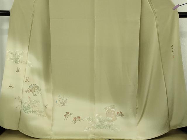 平和屋着物●極上　染色作家　桐山紫香　手描き　訪問着　猿蟹合戦　木蘭色地　暈し染め　逸品　DZAC0372kh6