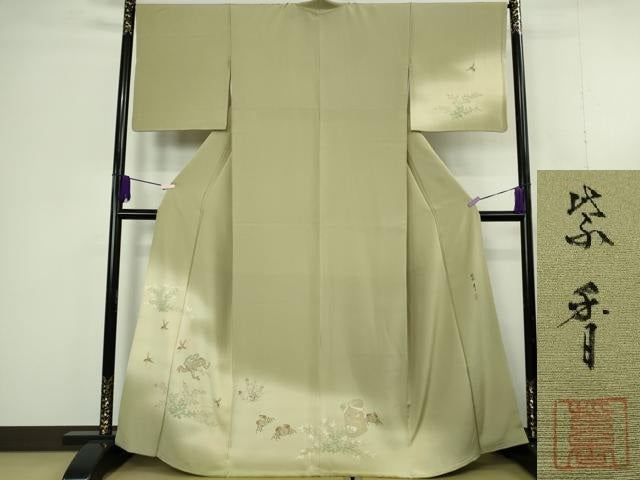 平和屋着物●極上　染色作家　桐山紫香　手描き　訪問着　猿蟹合戦　木蘭色地　暈し染め　逸品　DZAC0372kh6