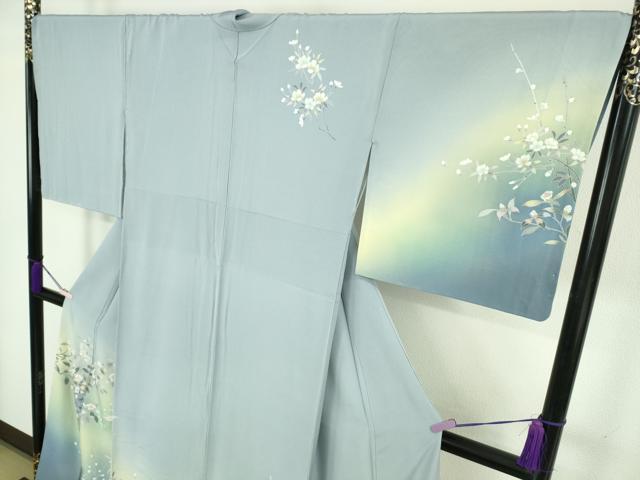 平和屋本店●極上　本加賀友禅作家　牛坂源吾　訪問着　枝花文　パウダーブルー色　暈し染め　逸品　DZAC0393kh6