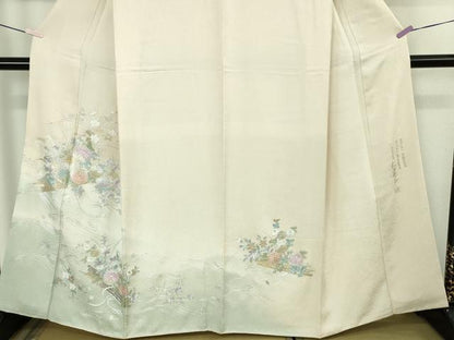 平和屋本店●極上　金彩友禅　卓越技能者・名工・和田光正　訪問着　花筏　薄卵色地　暈し染め　金銀彩　逸品　DZAC0394kh6