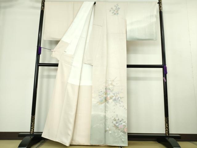 平和屋本店●極上　金彩友禅　卓越技能者・名工・和田光正　訪問着　花筏　薄卵色地　暈し染め　金銀彩　逸品　DZAC0394kh6