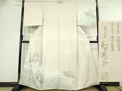 平和屋本店●極上　金彩友禅　卓越技能者・名工・和田光正　訪問着　花筏　薄卵色地　暈し染め　金銀彩　逸品　DZAC0394kh6