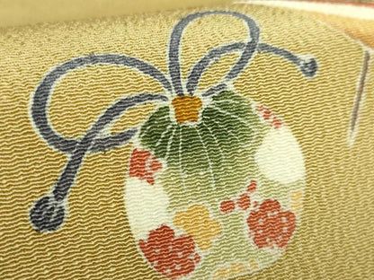 平和屋着物●極上　九寸名古屋帯　友禅　独楽　羽　鬼しぼ縮緬　反端付き　逸品　未使用　DZAC0433kh6