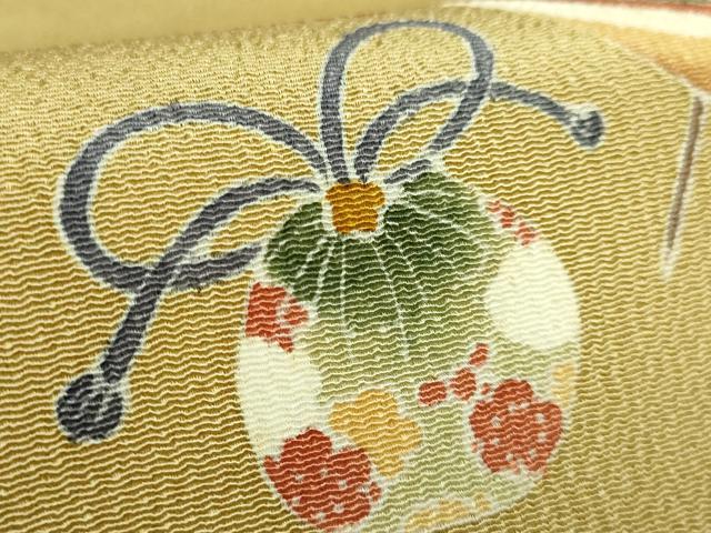 平和屋着物●極上　九寸名古屋帯　友禅　独楽　羽　鬼しぼ縮緬　反端付き　逸品　未使用　DZAC0433kh6